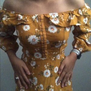 mustard off the shoulder floral dress